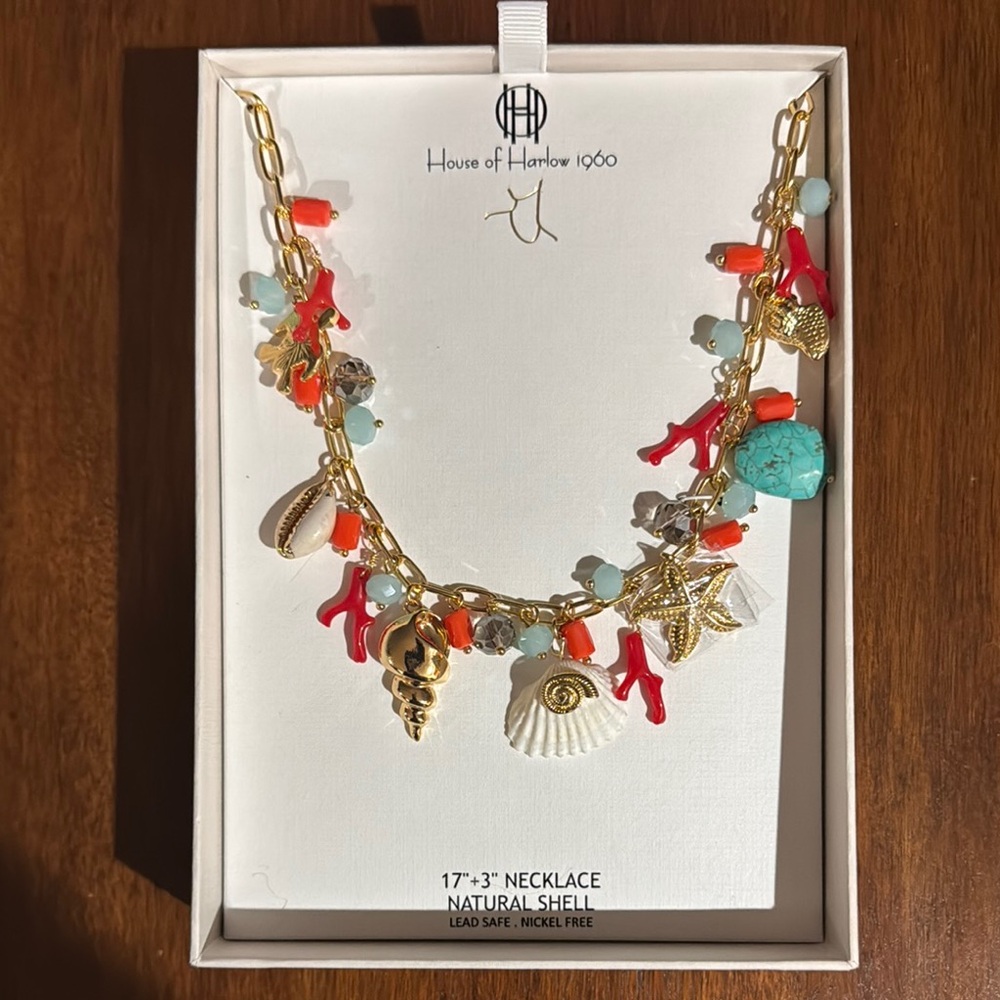 HOUSE OF HARLOW 1960 Coral Turquoise Jade Shell Gold Tone Toggle Necklace NIB